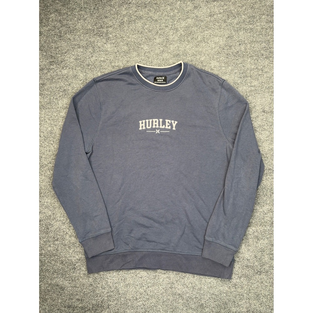 Hurley Mens Crewneck Sweatshirt Medium Blue Logo Spellout Ringer Fleece Pullover